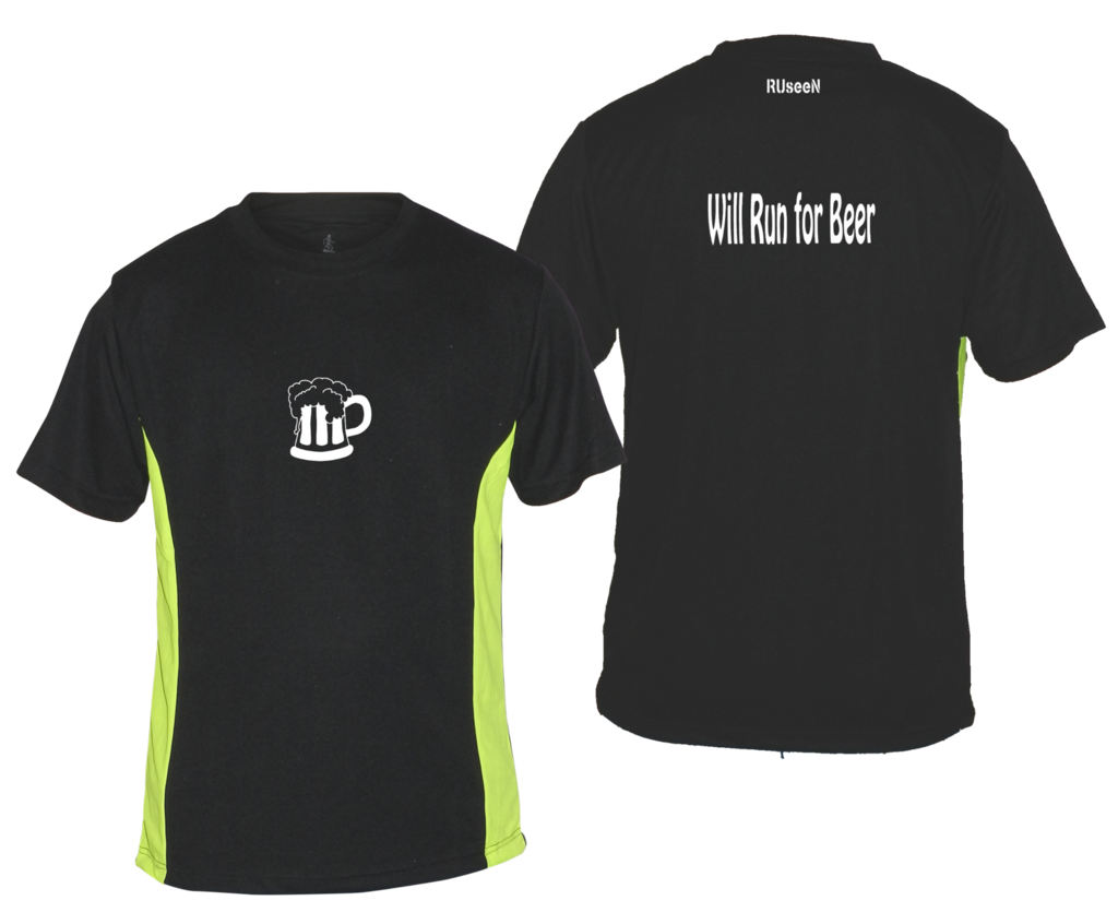 Men's Reflective Short Sleeve Shirt - Will Run for Beer - Front & Back - Black w/ Lime Yellow Stripe