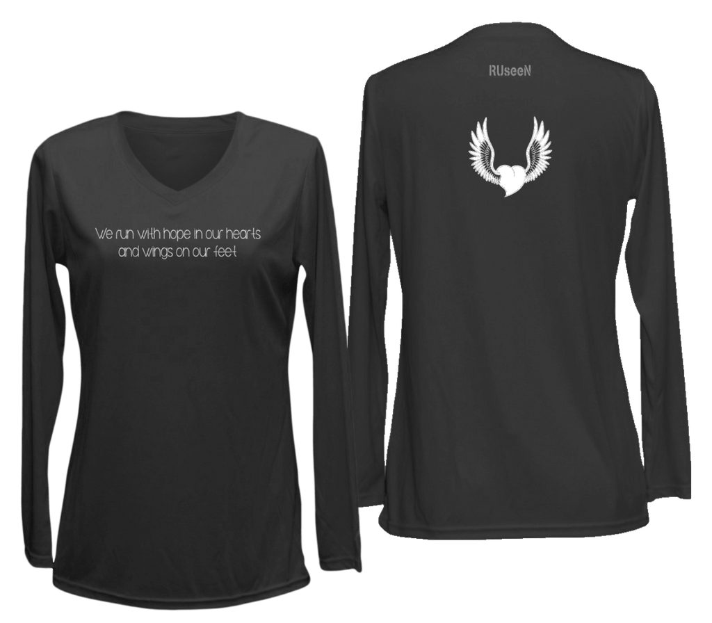 Women's Reflective Long Sleeve Shirt - Winged Heart - Front & Back - Black