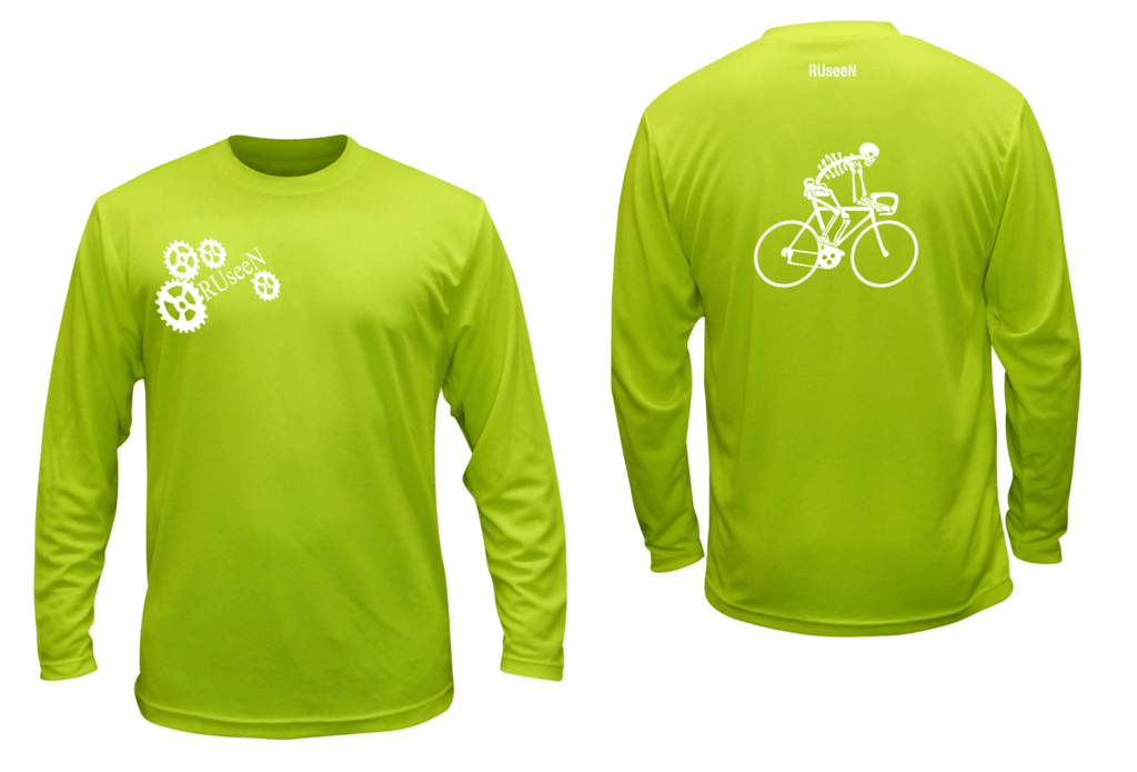 Unisex Reflective Long Sleeve Shirt - Male Skeleton on Road Bike - Front & Back - Lime Yellow