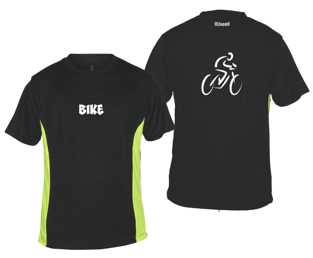 Men's Reflective Short Sleeve Shirt - Bike - Front & Back - Black w/ Lime Yellow Stripe