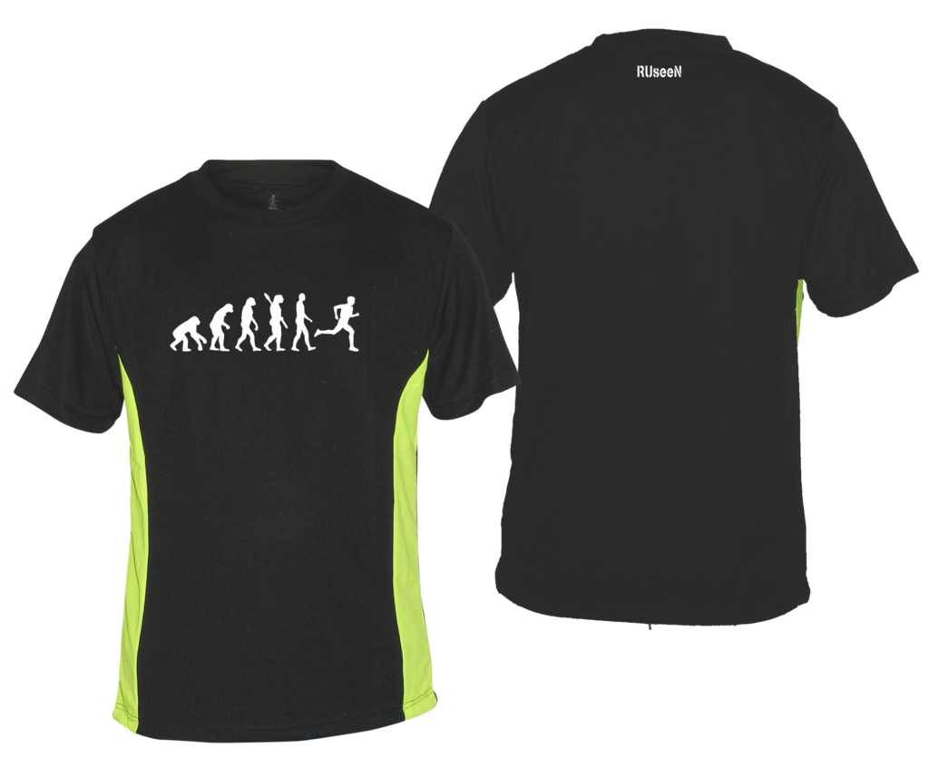 Men's Reflective Short Sleeve Shirt - Evolution of a Runner - Front & Back - Black w/ Lime Yellow Stripe