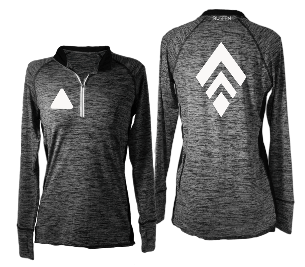 Women's Reflective Long Sleeve Quarter Zip Shirt - Broken Diamond - Front & Back - Heather Black