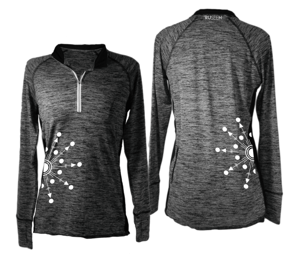 Women's Reflective Long Sleeve Quarter Zip Shirt - Directions - Front & Back - Heather Black