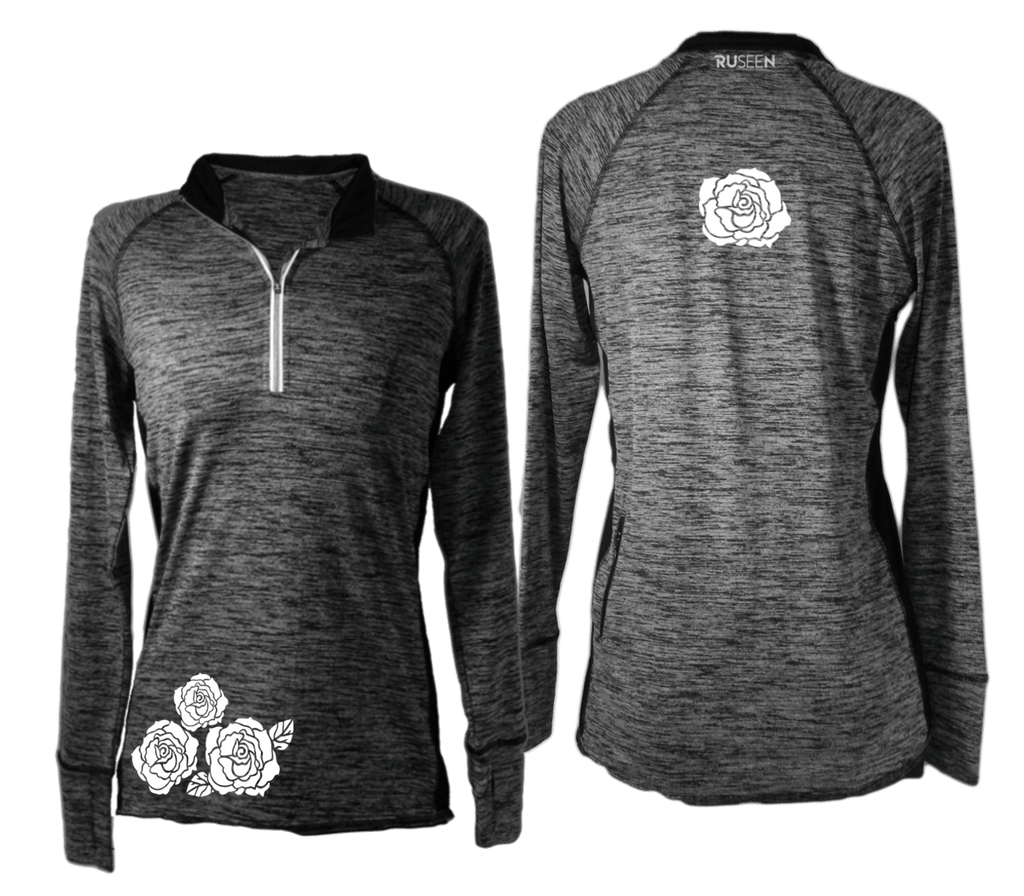 Women's Reflective Long Sleeve Quarter Zip Shirt - Roses - Front & Back - Heather Black