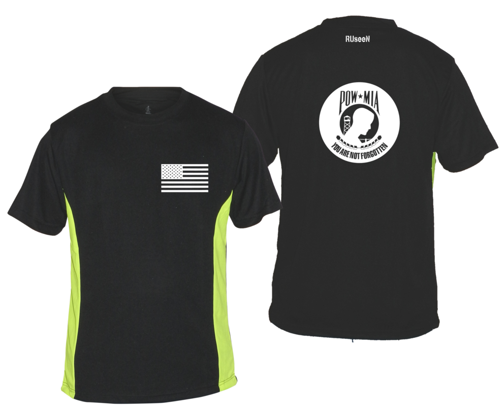 Men's Reflective Short Sleeve Shirt - POWMIA - Front & Back - Black w/ Lime Yellow Stripe