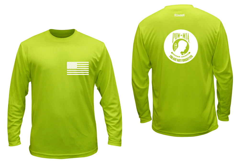 Unisex Reflective Long Sleeve - POWMIA - Front & Back - Lime Yellow