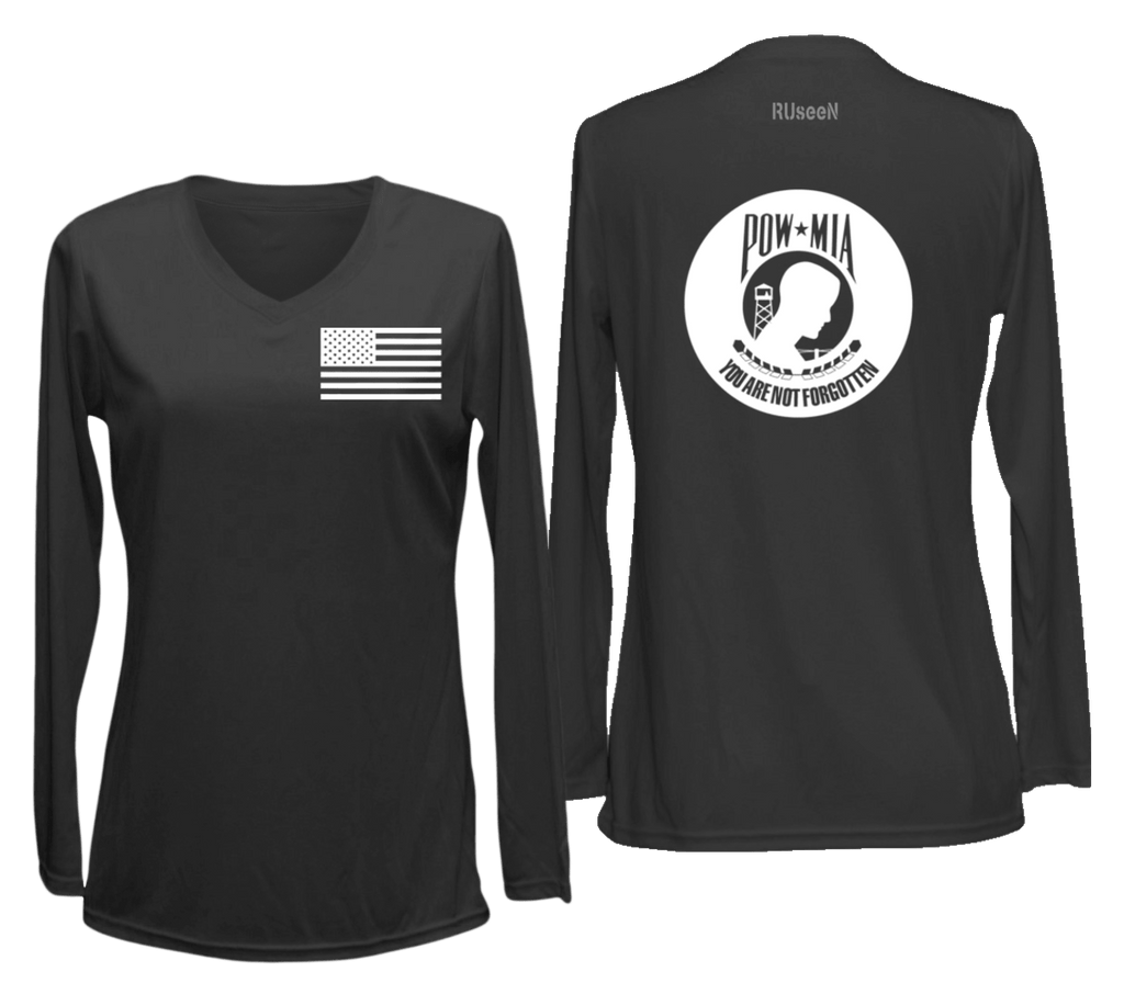 Women's Reflective Long Sleeve Shirt - POWMIA - Front & Back - Black