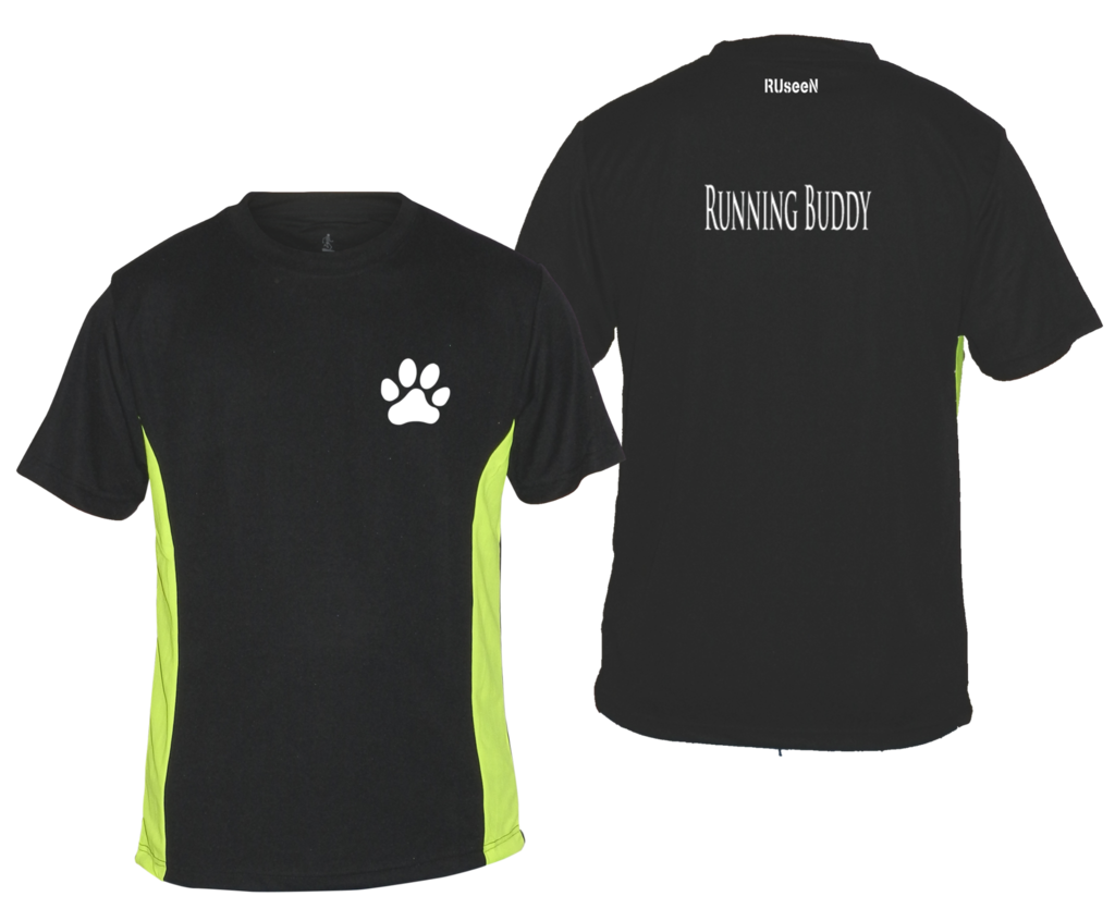 Men's Reflective Short Sleeve Shirt - Running Buddy - Front & Back - Black w/ Lime Yellow Stripe