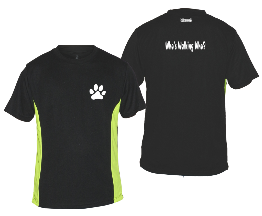Men's Reflective Short Sleeve Shirt - Who's Walking Who - Front & Back - Black w/ Lime Yellow Stripe