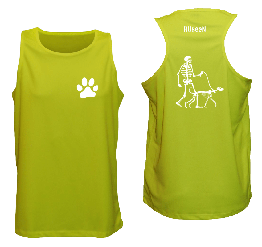Men's Reflective Tank - Skeleton Walking Skeleton Dog - Front & Back - Lime Yellow