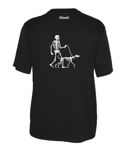 Men's Reflective Short Sleeve Shirt - Skeleton Walking Skeleton Dog - Back - Black