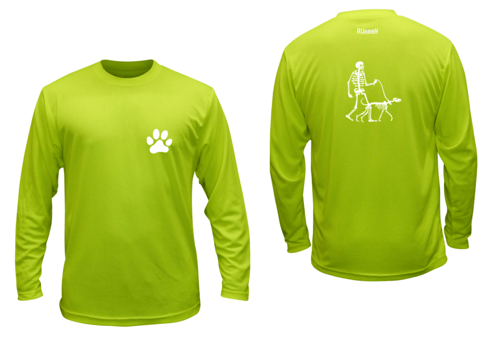 Unisex Reflective Long Sleeve - Male Skeleton Walking Skeleton Dog - Front & Back - Lime Yellow