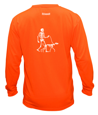 Unisex Reflective Long Sleeve - Male Skeleton Walking Skeleton Dog - Front - Orange