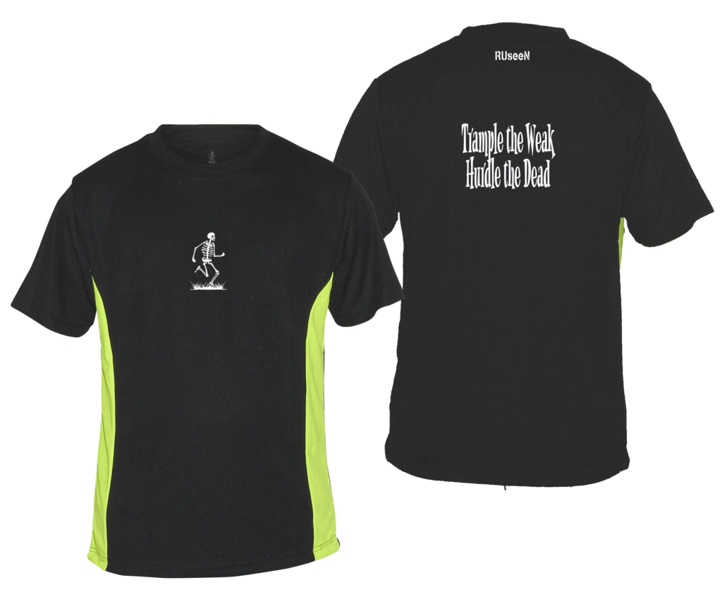 Men's Reflective Short Sleeve Shirt - Trample the Weak - Front & Back - Black w/ Lime Yellow Stripe