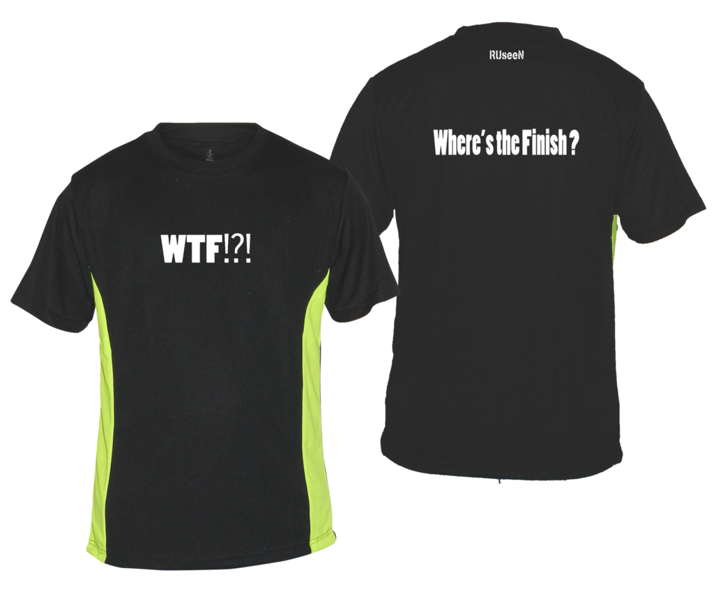 Men's Reflective Short Sleeve Shirt - Where's the Finish? - Front & Back - Black w/ Lime Yellow Stripe