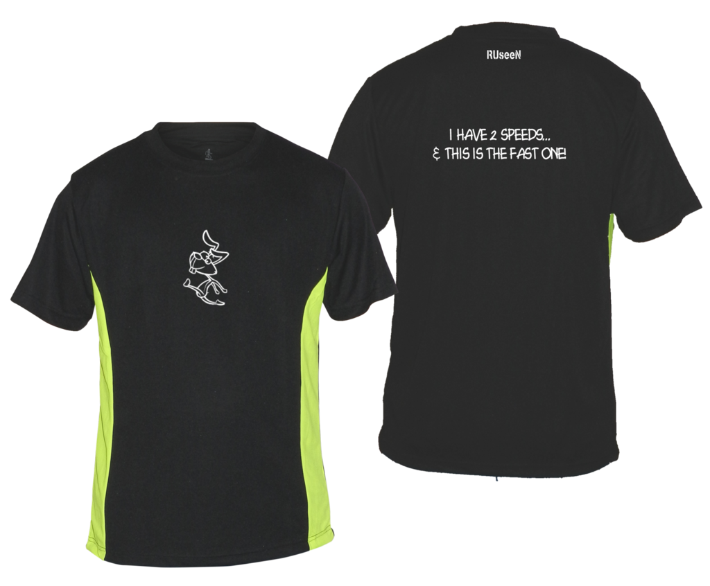Men's Reflective Short Sleeve Shirt - 2 Speeds Rabbit - Front & Back - Black w/ Lime Yellow Stripe
