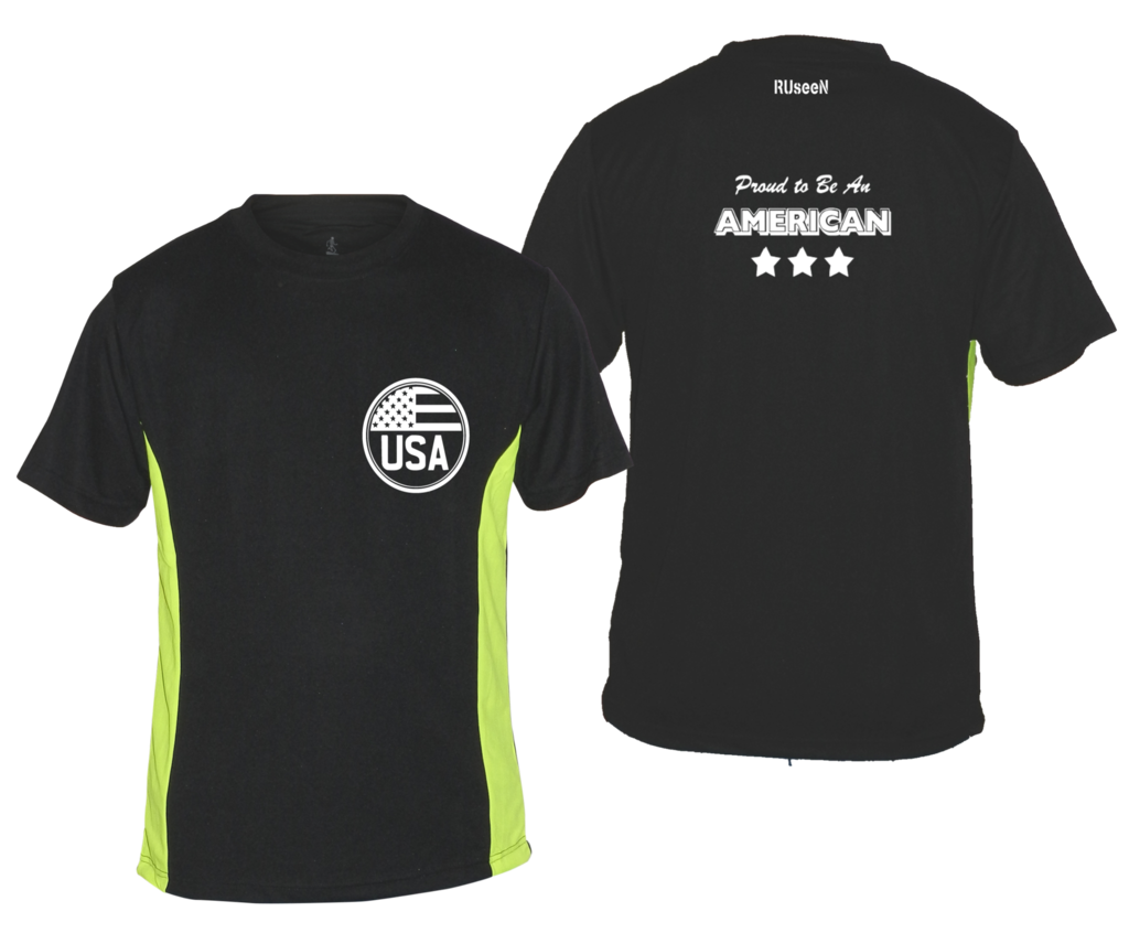 Men's Reflective Short Sleeve Shirt - Proud American - Front & Back - Black w/ Lime Yellow Stripe