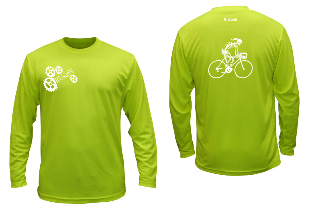 Unisex Reflective Long Sleeve Shirt - Female Skeleton on Road Bike