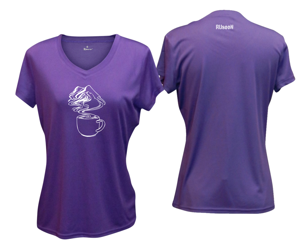 WOMEN'S REFLECTIVE SHORT SLEEVE SHIRT –  COFFEE MOUNTAINS - Front & Back – Dark Purple