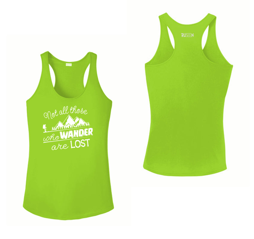 Women's Reflective Tank Top - Not All Who Wander Are Lost - Lime Green - Front & Back