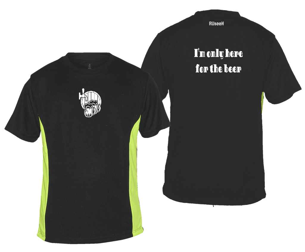 Men's Reflective Short Sleeve Shirt - Only Here For The Beer - Front & Back - Black with Lime Sides