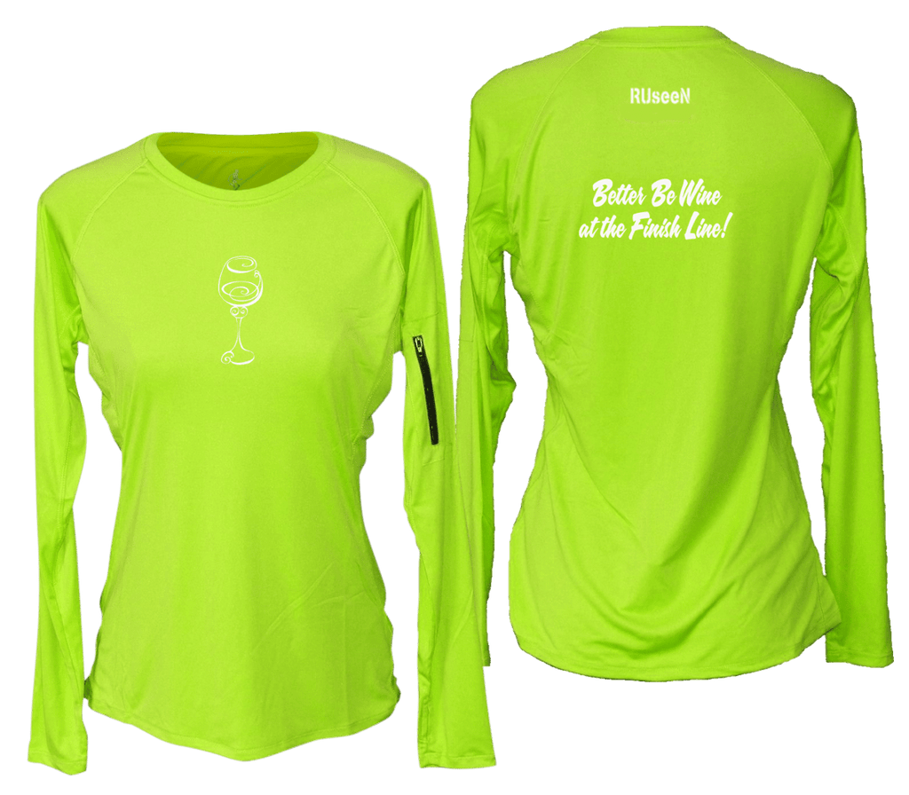 WOMEN'S REFLECTIVE LONG SLEEVE CREW NECK – BETTER BE WINE – Front & Back – Lime Yellow