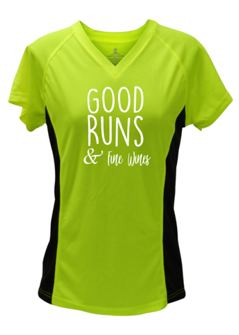 WOMEN'S REFLECTIVE SHORT SLEEVE SHIRT – GOOD RUNS & FINE WINES – Front - Lime with Black Sides