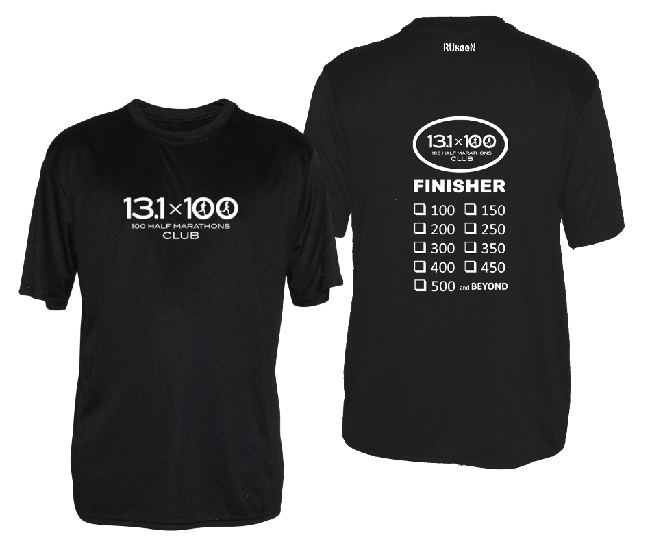 Men's Reflective Short Sleeve Shirt - 100 Half Marathons Finisher - Front & Back - Black
