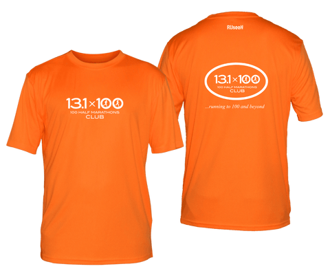 Men's Reflective Short Sleeve Shirt - 100 Half Marathons Club - Front & Back - Orange