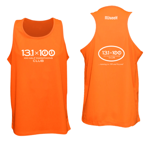 Men's Reflective Tank Top - 100 Half Marathons Club - Front & Back - Orange