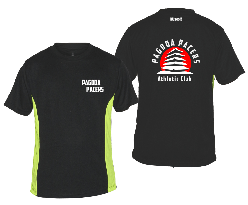 Men's Reflective Short Sleeve Shirt – Reading Pagoda Pacers - Front & Back - Black & Lime