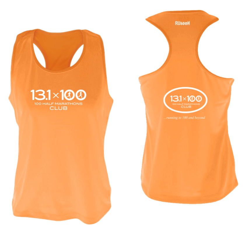 Women's Reflective Tank Top - 100 Half Marathons Club - Front & Back - Orange