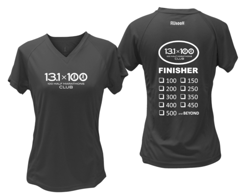 Women's Reflective Short Sleeve Shirt - 100 Half Marathons Finisher - Front & Back - Black