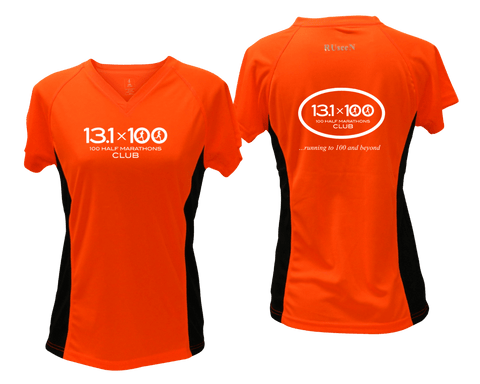 Women's Reflective Short Sleeve Shirt - 100 Half Marathons Club - Back & Front - Orange & Black