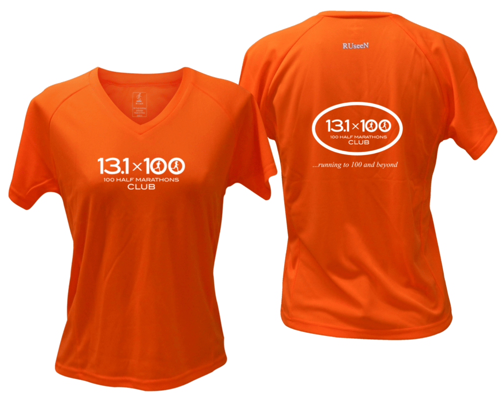 Women's Reflective Short Sleeve Shirt - 100 Half Marathons Club - Front & Back - Orange