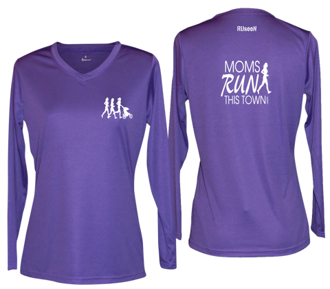 Women's Reflective Long Sleeve - Moms Run This Town - Front & Back - Dark Purple 