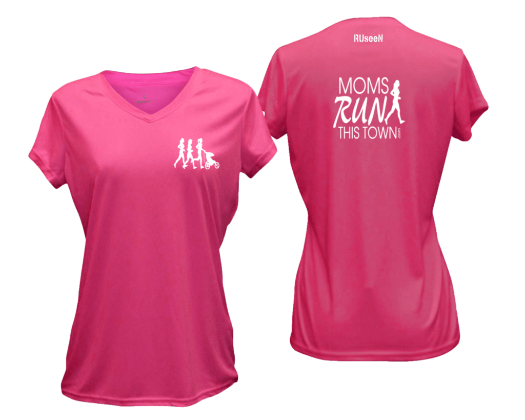 Women's Reflective Short Sleeve Shirt - Moms Run This Town - Front & Back - Neon Pink