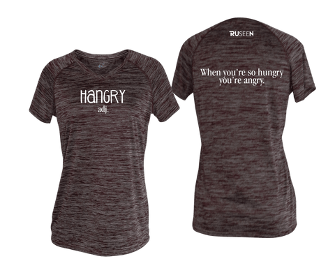 WOMEN'S REFLECTIVE SHORT SLEEVE SHIRT – HANGRY - Front & Back – Maroon Stripe