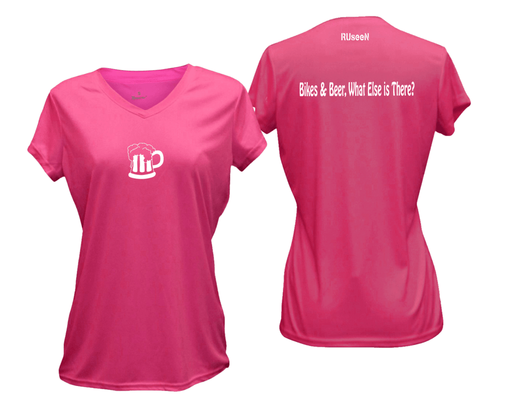 WOMEN'S REFLECTIVE SHORT SLEEVE SHIRT –  BIKES AND BEER - Front & Back –  Neon Pink
