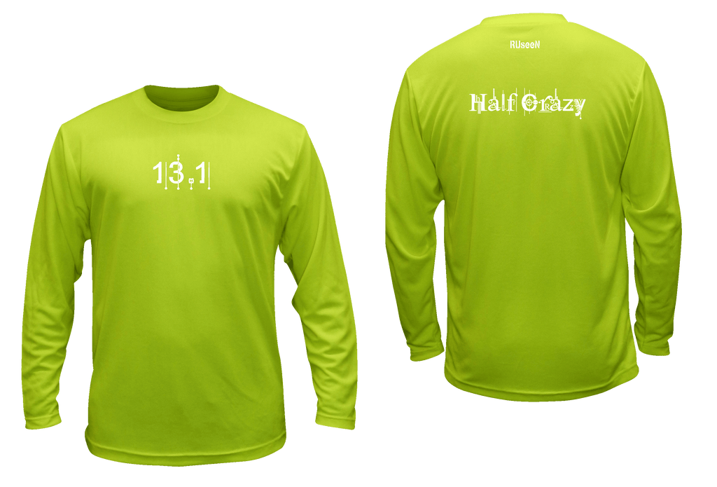 Unisex Reflective Long Sleeve - 13.1 Half Crazy - Front & Back - Lime Yellow