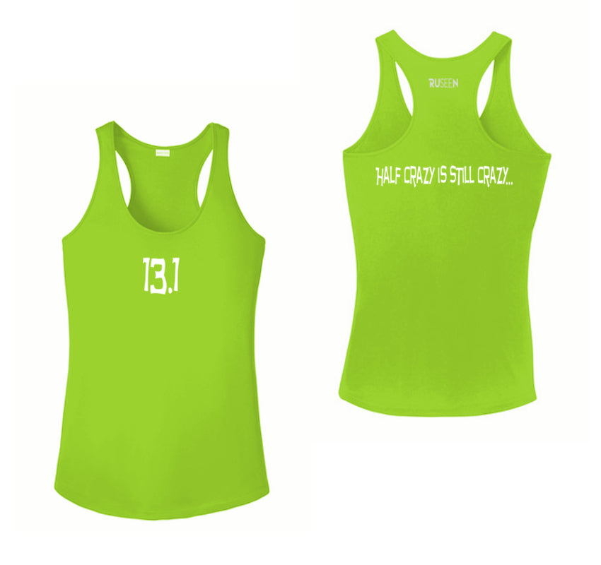 WOMEN'S REFLECTIVE TANK TOP SHIRT –  13.1 HALF CRAZY - Front & Back –  Lime Green