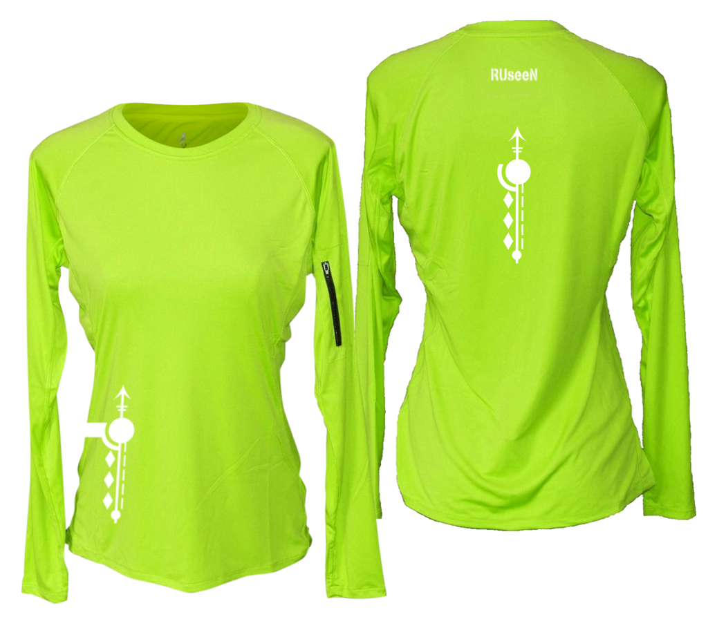 WOMEN'S REFLECTIVE LONG SLEEVE CREW NECK – PATHS – Front & Back – Lime Yellow