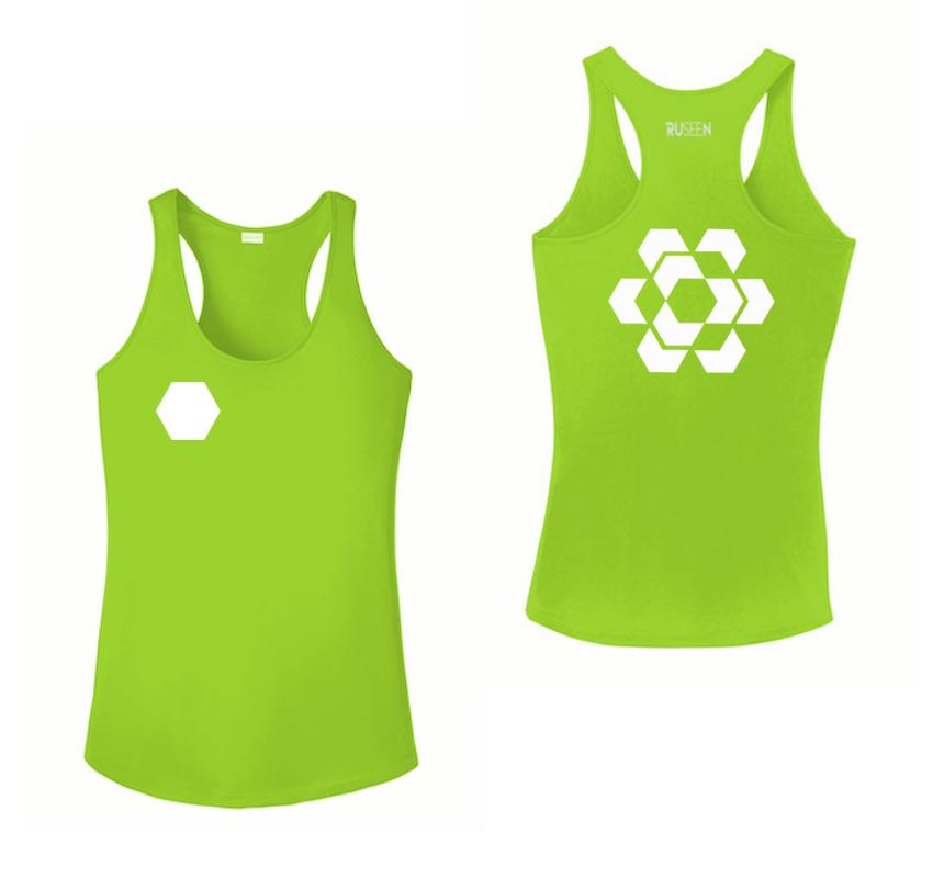 Women's Reflective Tank Top - Fractured Hexagon - Front & Back - Lime Green