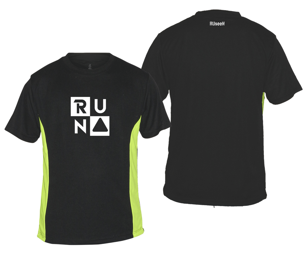 MEN'S REFLECTIVE SHORT SLEEVE SHIRT –  RUN SQUARED - Front & Back – Black with Lime Sides