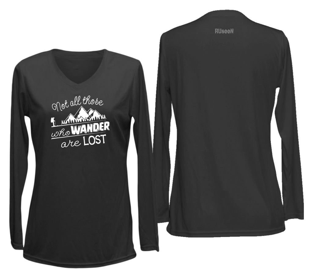 Women's Reflective Long Sleeve - Not All Those Who Wander Are Lost - Black - Front & Back