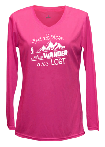 Women's Reflective Long Sleeve - Not All Those Who Wander Are Lost - Neon Pink - Front