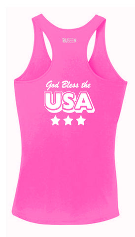 Women's Reflective Tank Top - God Bless the USA - Neon Pink back