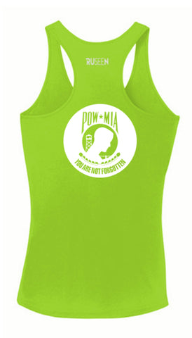 WOMEN'S REFLECTIVE TANK TOP SHIRT –  POWMIA - Front & Back –  Lime Green Back