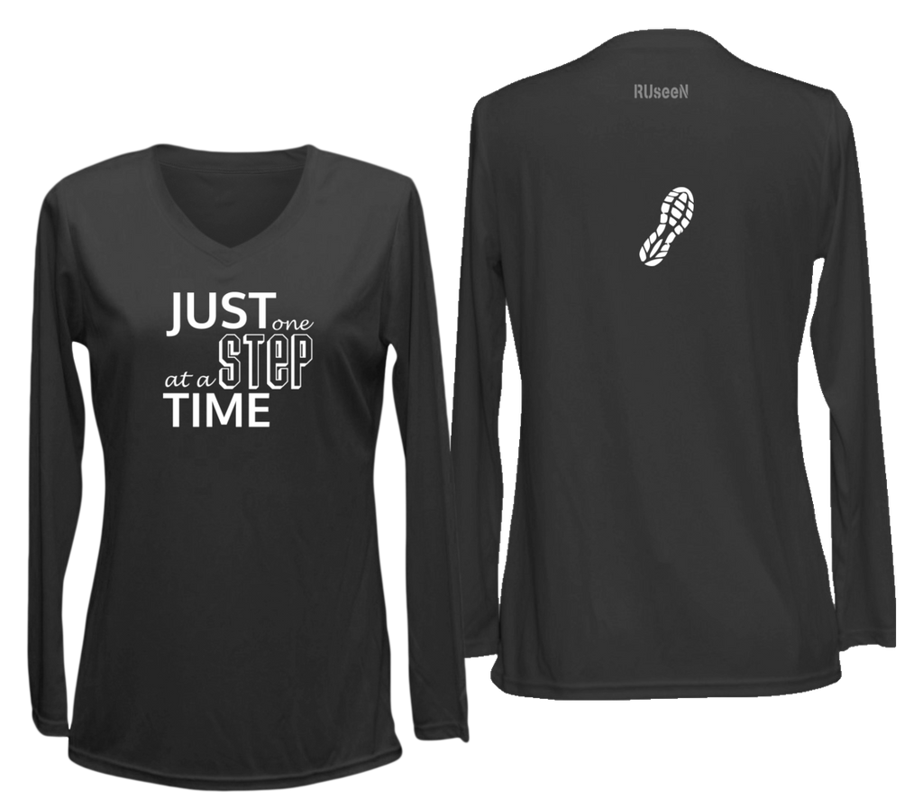 Women's Reflective Long Sleeve Shirt - Just One Step at a Time - Black V Neck