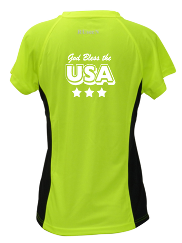 Women's Reflective Short Sleeve Shirt - God Bless the USA - Lime with Black Sides back